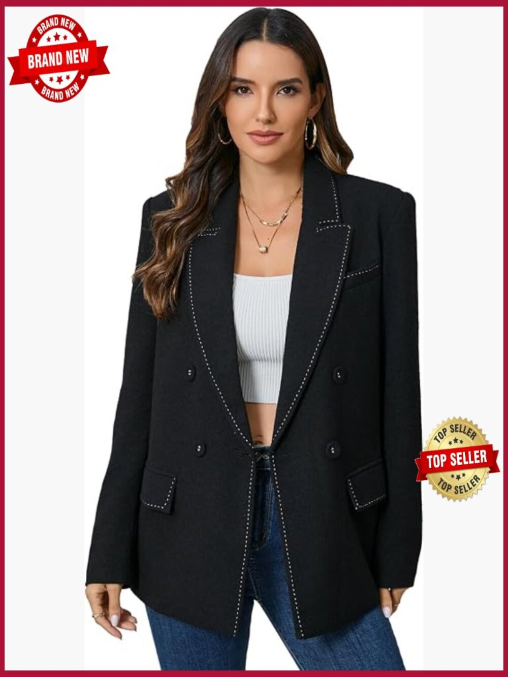Oversized Double-Breasted Suit Blazer Jacket Top Stitch Long Sleeve Work Blazer